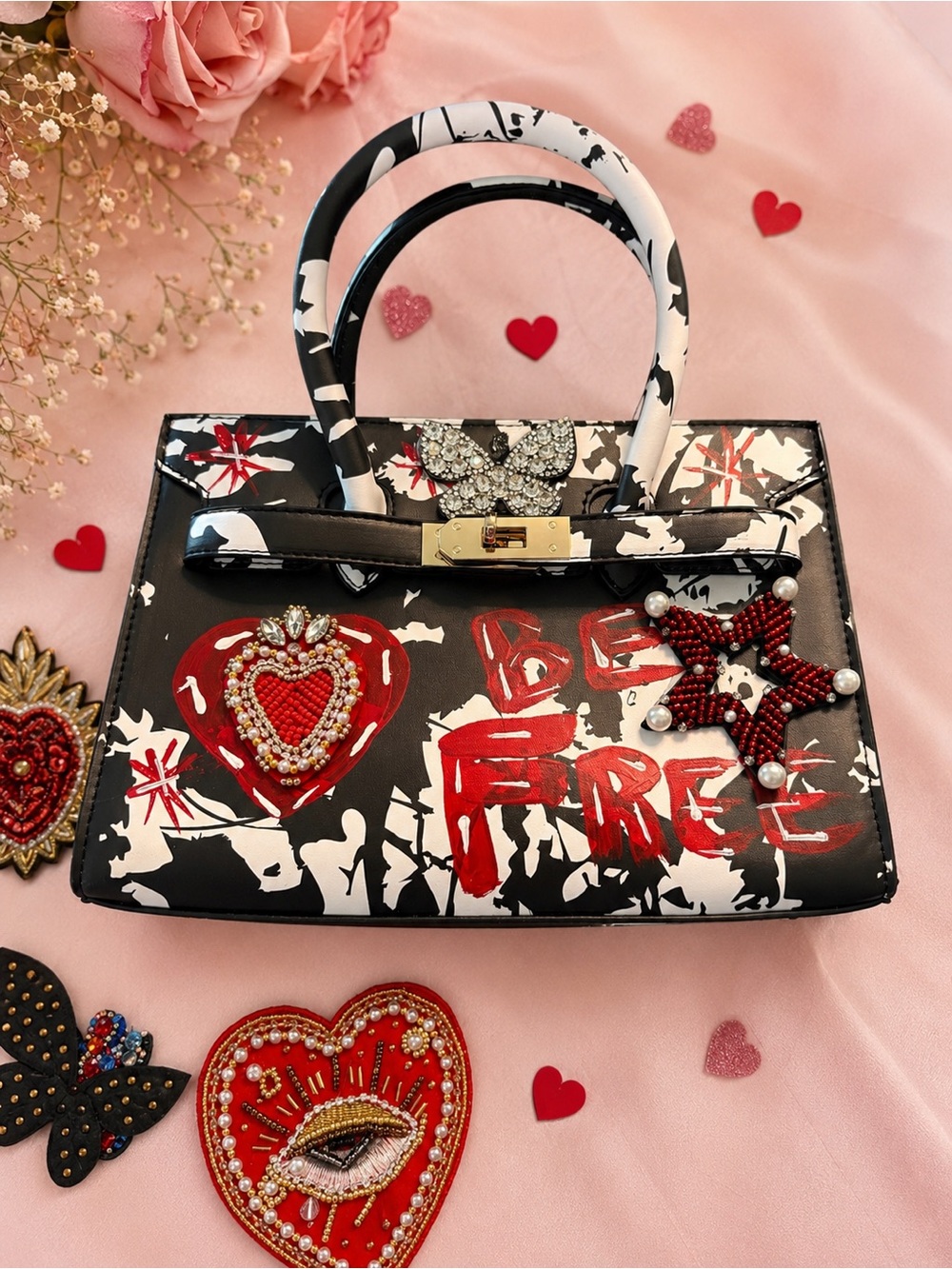 Designer-Inspired Black & White Heart Accent Handbag - Be Free Design